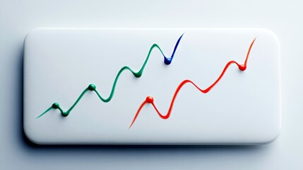 Three wavy lines in green, blue, and red, with dots, on a white rectangular surface, suggesting data trends or growth.