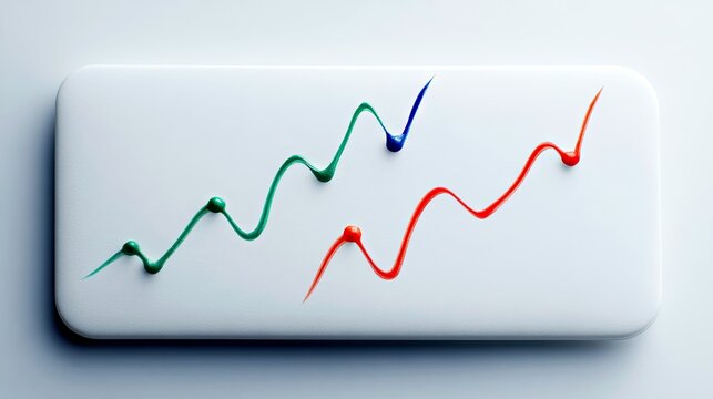 Three wavy lines in green, blue, and red, with dots, on a white rectangular surface, suggesting data trends or growth.