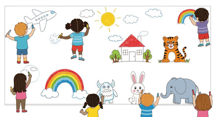 Diverse children drawing a variety of colorful objects like an airplane, sun, house, animals, and rainbows on a large white surface, showcasing creativity and imagination.