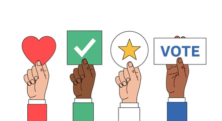 Hands holding symbols representing love, approval, excellence, and voting, promoting civic engagement.