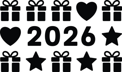Black silhouette illustration of gifts hearts stars and the year two thousand twenty six on white
