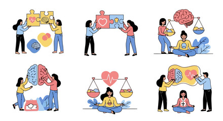 Illustrations depicting mental health, balance, and the connection between mind and heart, with people interacting.