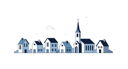 A minimalist illustration of a charming small town with houses and a church.