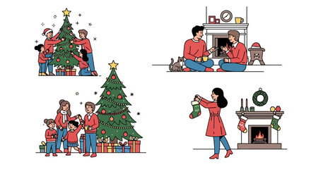 A collection of four illustrations depicting families decorating a Christmas tree, by the fireplace, and hanging stockings.