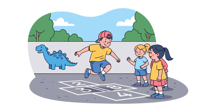 Happy children playing hopscotch together outdoors on a sunny day with a chalk dinosaur drawing.