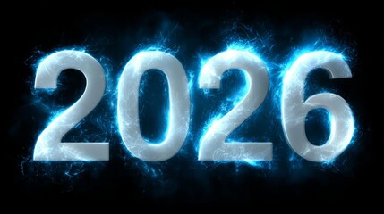 Futuristic glowing numbers 2026, illuminated with electric blue energy, set against a dark background, symbolizing innovation, technology, and the promise of the future in a digital age