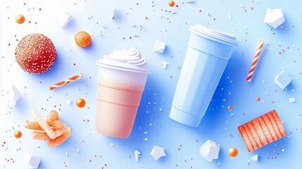 A vibrant flat lay composition featuring two takeaway drinks, a donut, candy canes, and other sweet elements scattered on a light blue surface.