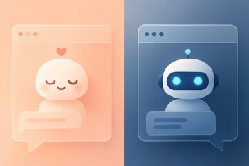 Interactive dialogue exchange between a human like character and a robot, showcasing emotional connection through digital communication, expressing sentiments in contrasting aesthetics