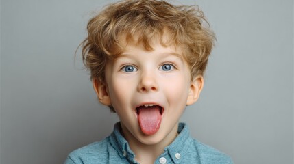 Young boy with curly hair playfully sticking out his tongue, wearing a blue shirt, against a neutral gray background, capturing a moment of joy and innocence in childhood expression