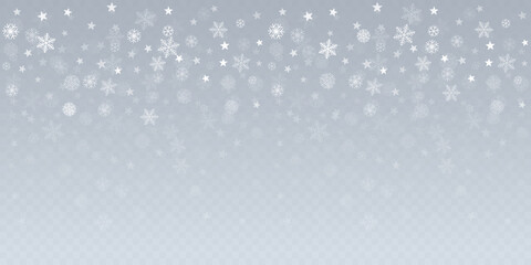 Christmas snow vector background. Falling snowflakes transparent decoration. New Year Holidays greeting card backdrop.