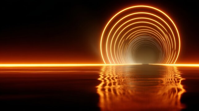 Abstract glowing tunnel with concentric circles of orange light reflecting on calm water surface, creating a mesmerizing visual experience of depth and illumination in a dark environment