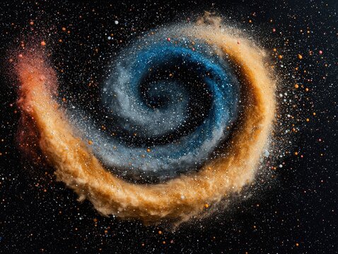 A dynamic spiral formation of orange and blue powder, resembling a galaxy or nebula, against a dark, speckled background.