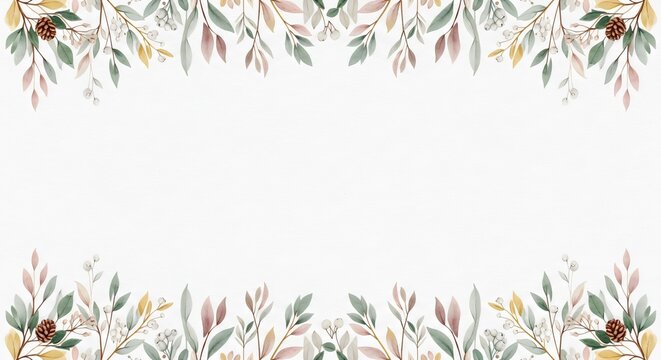 Watercolor floral border with pine cones and leaves, isolated on white background, perfect for invitations and greeting cards.