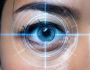 Futuristic eye vision technology concept with digital interface overlaying the eye