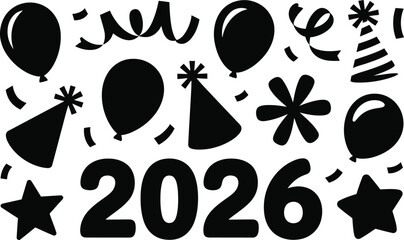Black and white illustration of balloons confetti party hats and stars for the year twenty twenty six