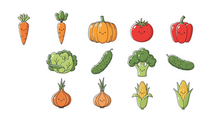 Cartoon vegetables collection carrot pumpkin tomato pepper broccoli cucumber