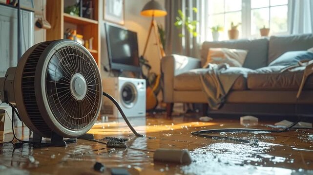 Water damage and electrical hazard from a leaking fan in a living room - Powered by Adobe