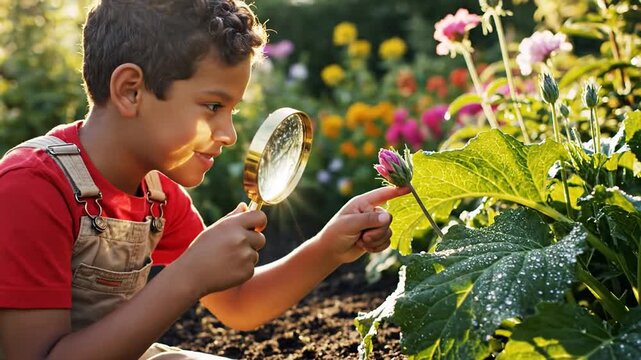 Young boy explores garden, curious child examines flower closely, enjoying nature on a sunny day, celebrating Earth Day, Hispanic descent