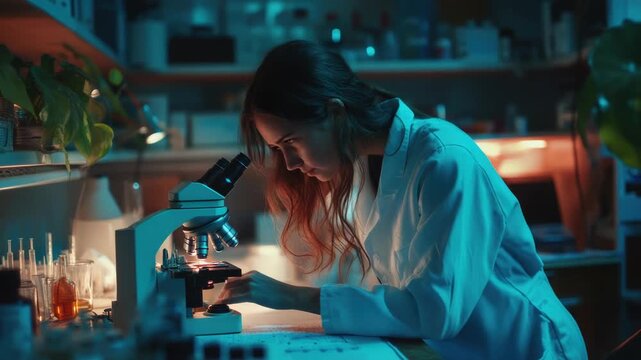 Video A woman in a lab coat looks through a microscope, focusing on a specimen