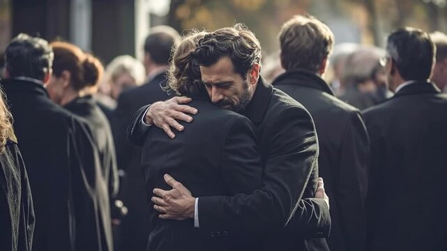 Two men embrace in a moment of shared grief and solace, offering comfort and support at a somber outdoor gathering during a difficult time of loss
