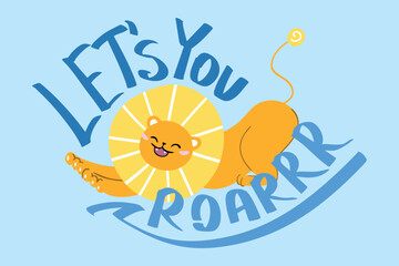 Postcard with a cute stretching lion on a blue background lets you roar