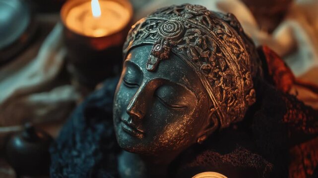 Video A close-up shot of a statue with a warm glow from a nearby candle