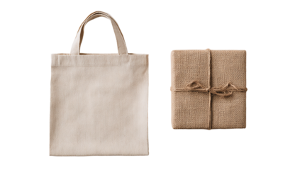 Beige tote bag with handles and a burlap wrapped gift on  a isolated on transparent background