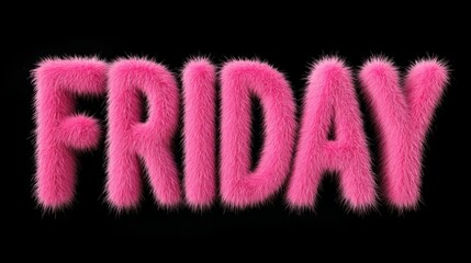 Vibrant pink fluffy text spelling out Friday against a solid black background, creating a playful and eye-catching visual representation of the end of the workweek and the start of the weekend