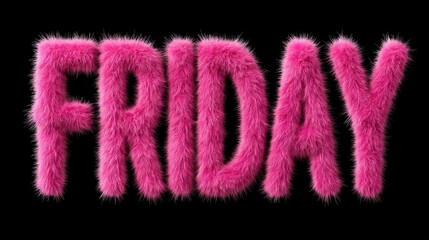 Vibrant pink fluffy text spelling out Friday, set against a solid black background, creating a bold and playful visual representation of the end of the workweek and weekend anticipation