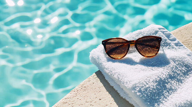 Relaxing poolside with sunglasses on a soft white towel in the summer sun
