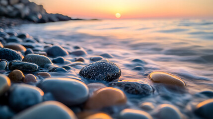 Calming ocean waves washing over smooth stones at sunset creating peaceful scene