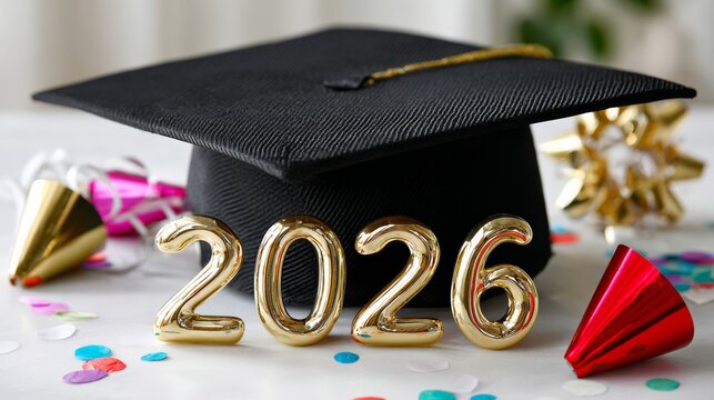 Graduation cap adorned with golden 2026 numbers, surrounded by colorful confetti and festive party hats, symbolizing achievement and celebration of educational milestones