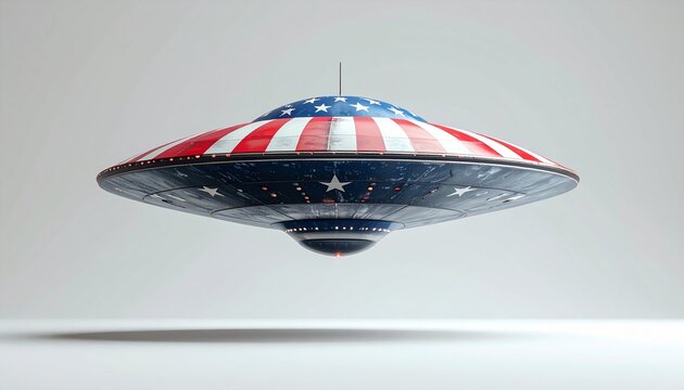 UFO with American flag design hovering above ground, blending patriotism with sci-fi symbolism.