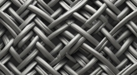 Closeup of tightly interwoven thick gray strands forming a diagonal basketweave pattern against a dark background