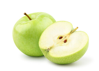 Fresh green apple with half slice isolated on white.