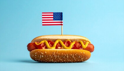 American-style hot dog with ketchup, mustard, and mini flag on light blue background.