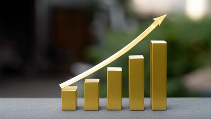 Golden bar chart with arrow, symbolizing financial growth and success, ideal for business strategy and economic progress themes