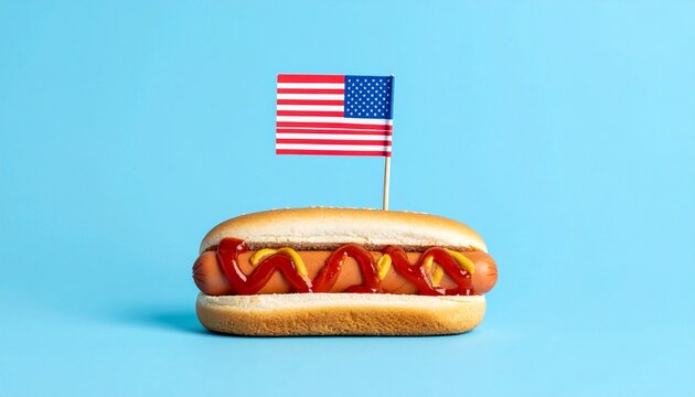 American-style hot dog with ketchup, mustard, and mini flag on light blue background. - Powered by Adobe