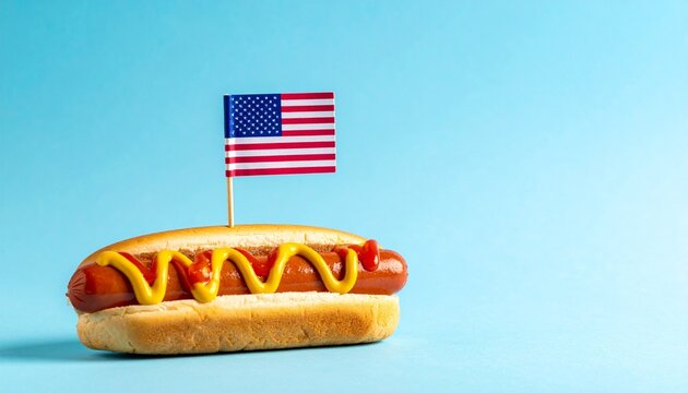 American-style hot dog with ketchup, mustard, and mini flag on light blue background.