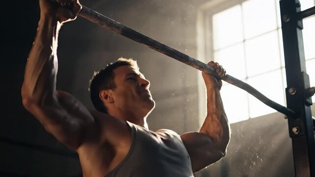 Muscular man doing pull-ups in gym, focused and determined during workout, natural light streaming through industrial window evokes dedication and strength