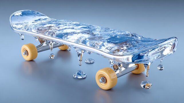 Skateboard design featuring a unique water-inspired aesthetic, showcasing a glossy surface with droplets and reflections, highlighting creativity and modern artistic expression in sports equipment