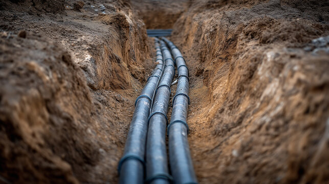 Underground cables laid in a trench, modern infrastructure development and telecommunication networks, generative ai