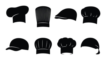 Silhouette variety of chef and cap headwear on gradient background