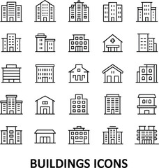 Collection of building icons in outline style representing various building types and architectures