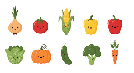 Cartoon vegetables collection with smiling faces on a white background