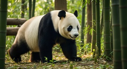 Fototapeta premium Full-body panda walking through lush bamboo forest in natural green tones.