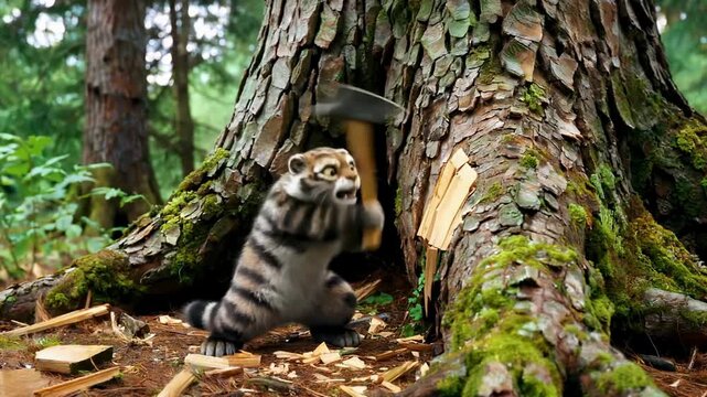 A raccoon-like creature with large eyes and striped fur using an axe to chop into a large tree trunk in a lush forest setting