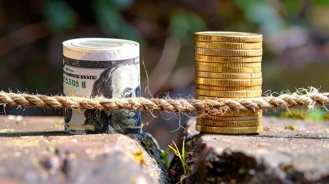 Financial stability and economic balance represented by US dollars and coins on a tightrope, symbolizing risk and reward