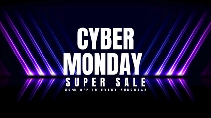 Cyber monday super sale with purple and blue neon lights on a dark background scene - Powered by Adobe