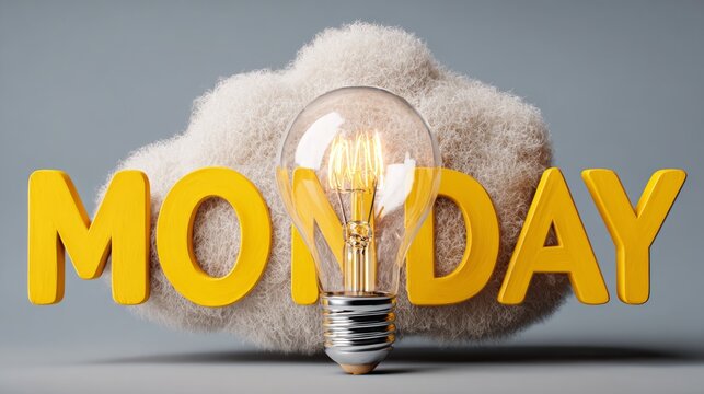 Bright yellow letters spelling Monday, surrounded by a fluffy cloud, with a glowing light bulb in the center, symbolizing creativity and inspiration for the week ahead